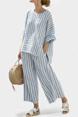Ricca - Sophisticated Blue Striped Linen Top and Relaxed Pants