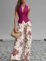 Anne - Rose Pink Sleeveless Vest and Floral Wide-Leg Pants Set