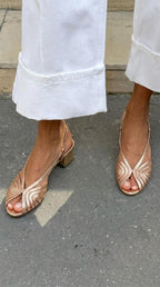 Anie - Metallic Woven Peep-Toe Slingback Block Heels