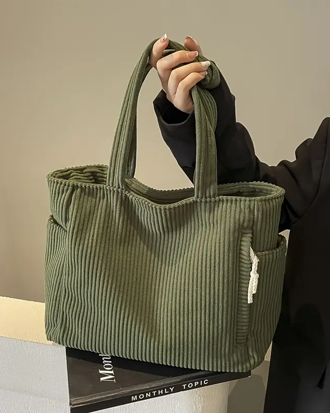 Kimmy - Ribbed Tote Bag with Drawstring Detail