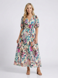 Lousey - V-Neck Short Sleeve Waist Midi Dress