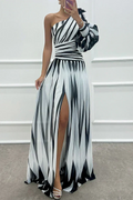 Yona - Elegant Striped Maxi Dress with One Shoulder