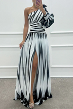Yona - Elegant Striped Maxi Dress with One Shoulder