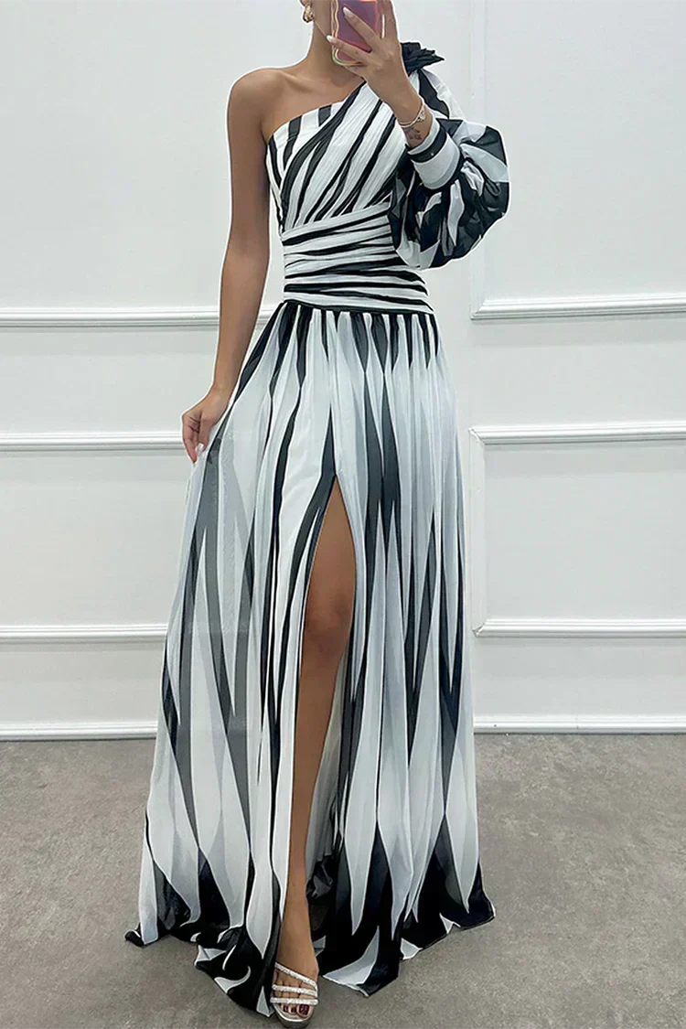Yona - Elegant Striped Maxi Dress with One Shoulder