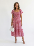 Olive - Off-Shoulder Floral Smocked Midi Dress