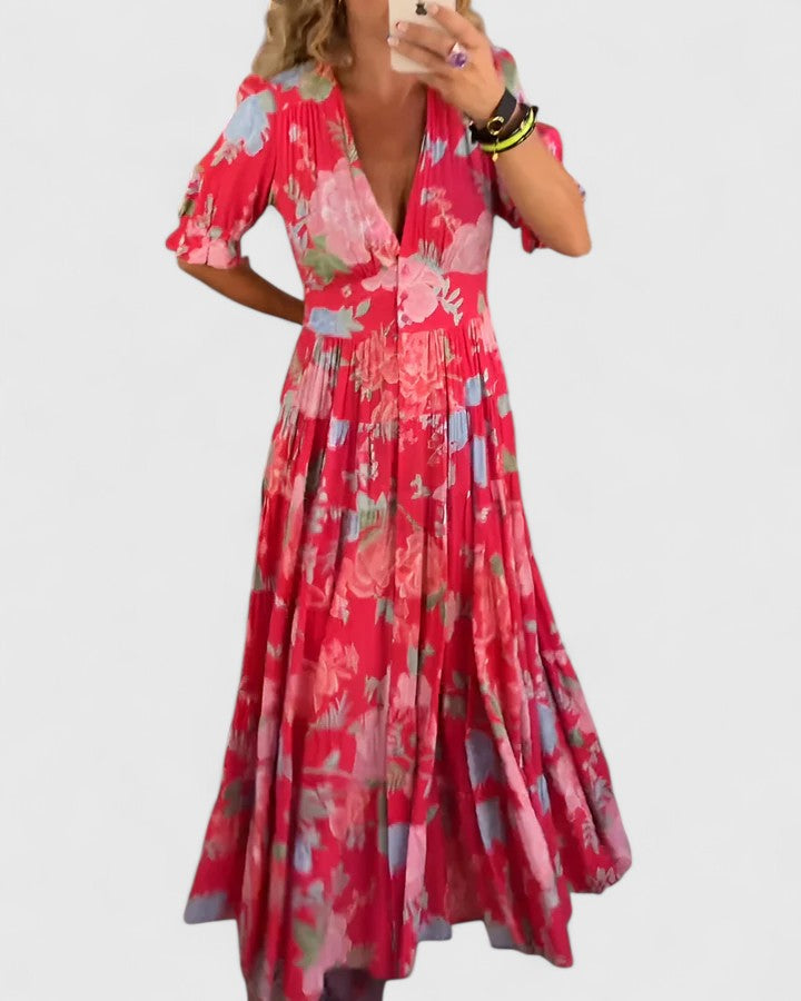 Cherry - Elegant Floral V-Neck Dress