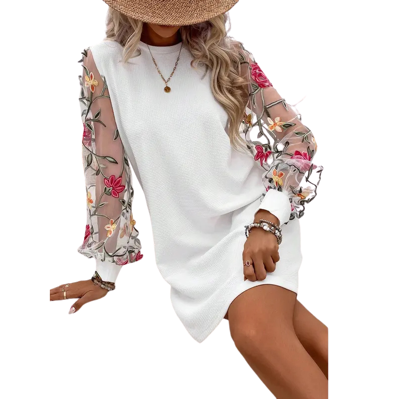 Elara - Floral Embroidered Bishop Sleeve Dress