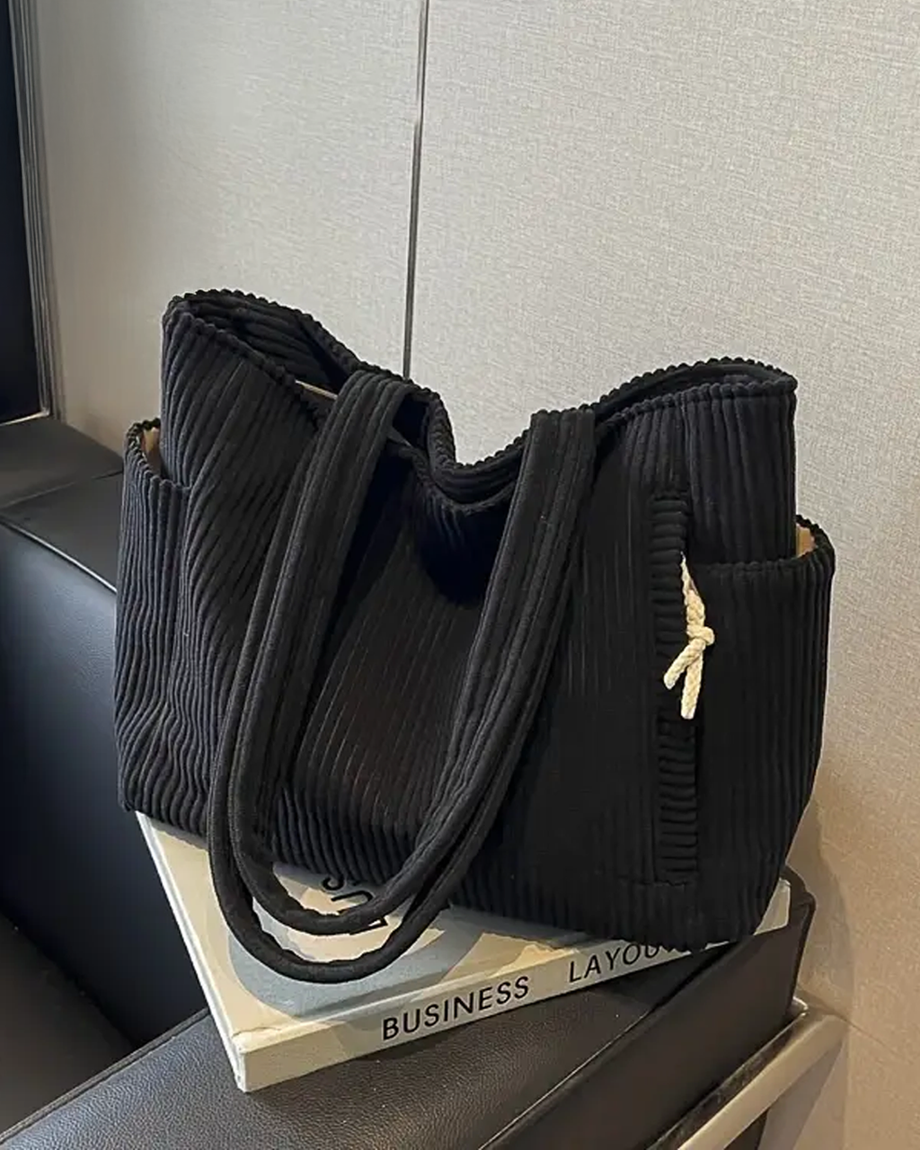 Kimmy - Ribbed Tote Bag with Drawstring Detail