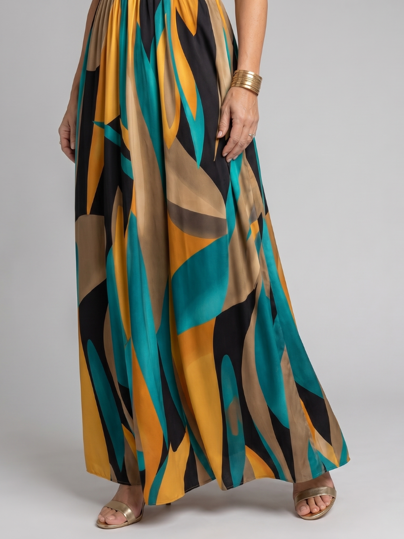 Detail of flowing abstract print maxi skirt