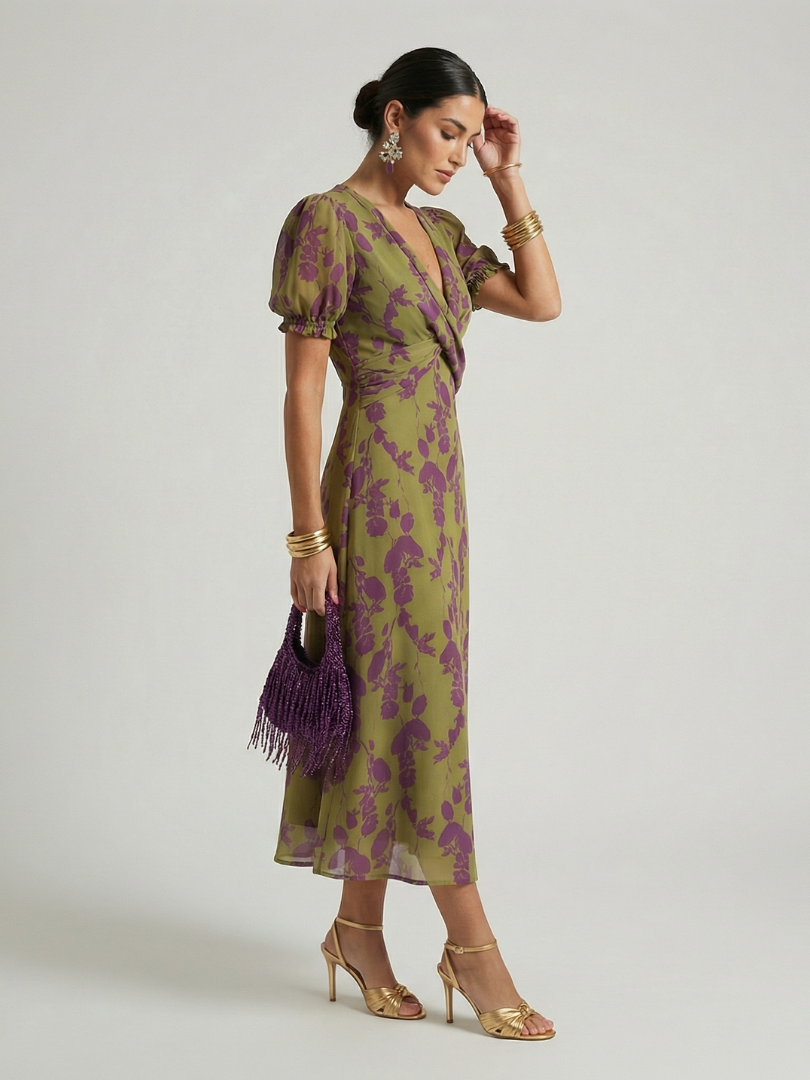 Virel floral wrap midi dress styled with gold accessories