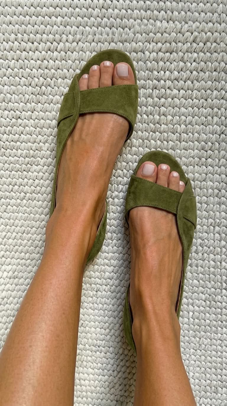 Corinne - Open-Toe Faux Suede Flats in Olive