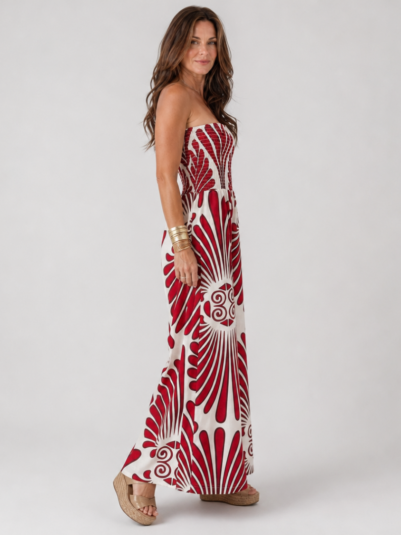 Detail of the Dyman jumpsuit's flowing wide-leg silhouette