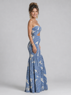 Azaria two-piece set with high-waisted flowing maxi skirt in blue print
