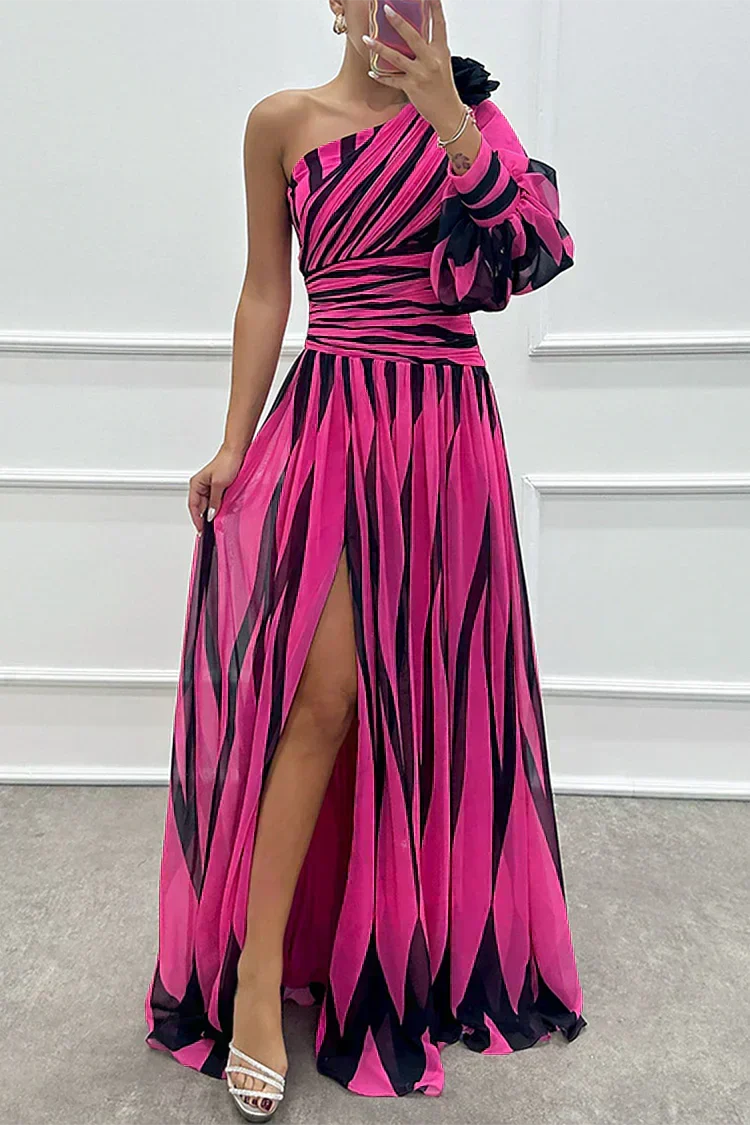 Yona - Elegant Striped Maxi Dress with One Shoulder