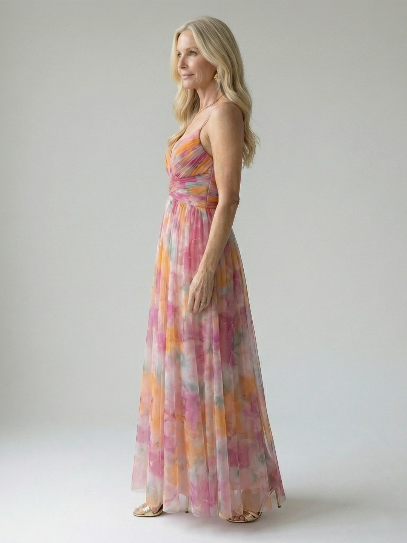Izel maxi dress with wrap bodice and thin shoulder straps