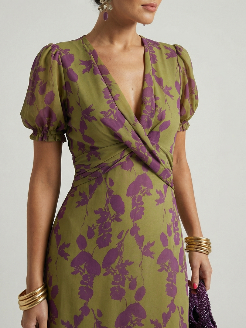 Virel floral wrap midi dress with short puff sleeves and V-neckline