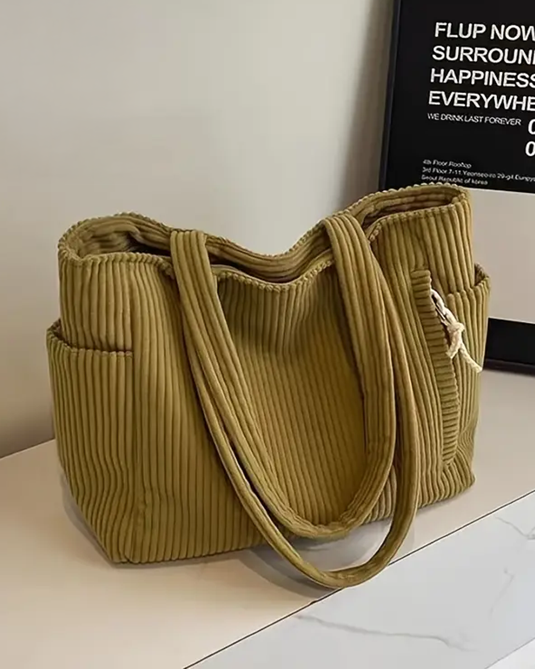 Kimmy - Ribbed Tote Bag with Drawstring Detail