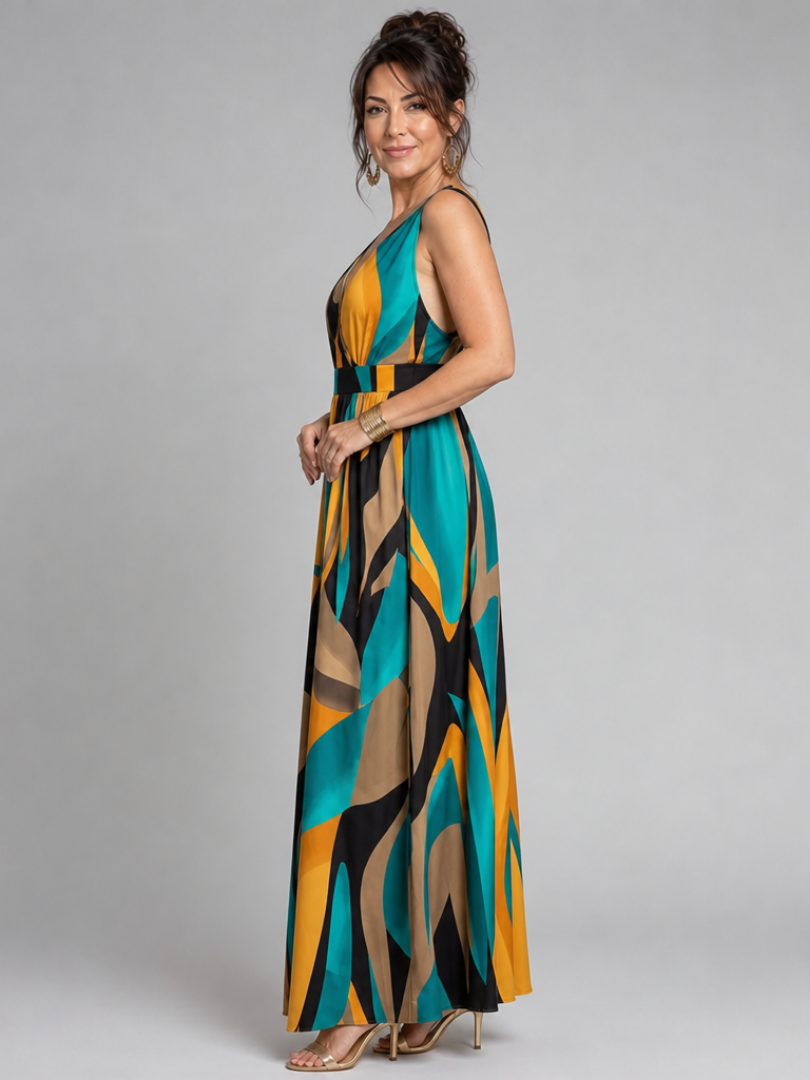 Back view of Zarela abstract print maxi dress