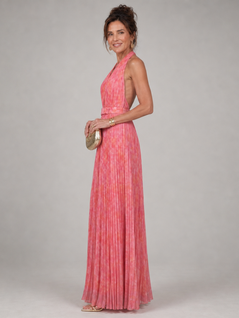 Back view of Rosel halter maxi dress