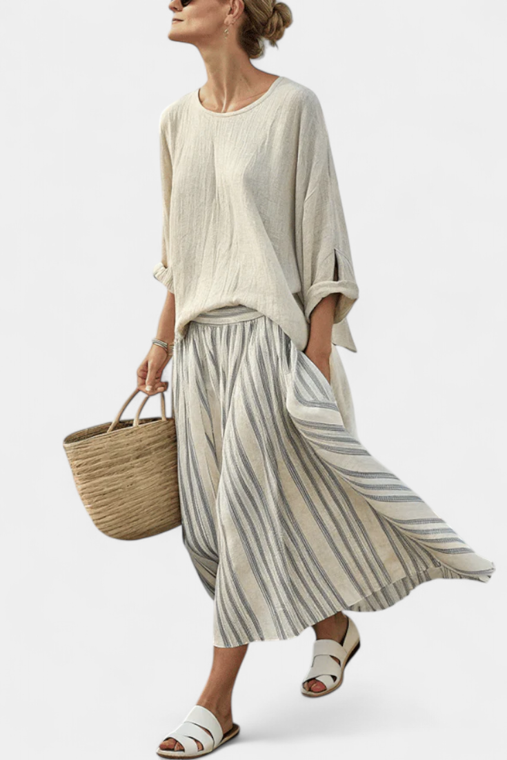 Jaine - Comfortable Blouse and Striped Midi Skirt