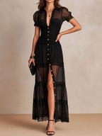 Gillian - Sheer Lace Maxi Dress, front view showing the button placket