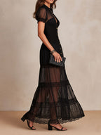 Gillian - Sheer Lace Maxi Dress, shirred bodice and lace sleeve detail