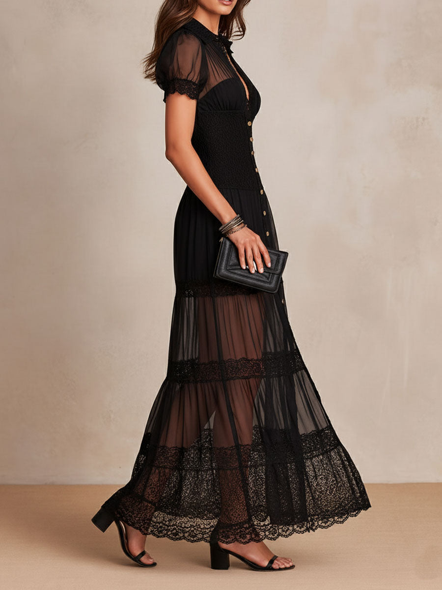 Gillian - Sheer Lace Maxi Dress, shirred bodice and lace sleeve detail