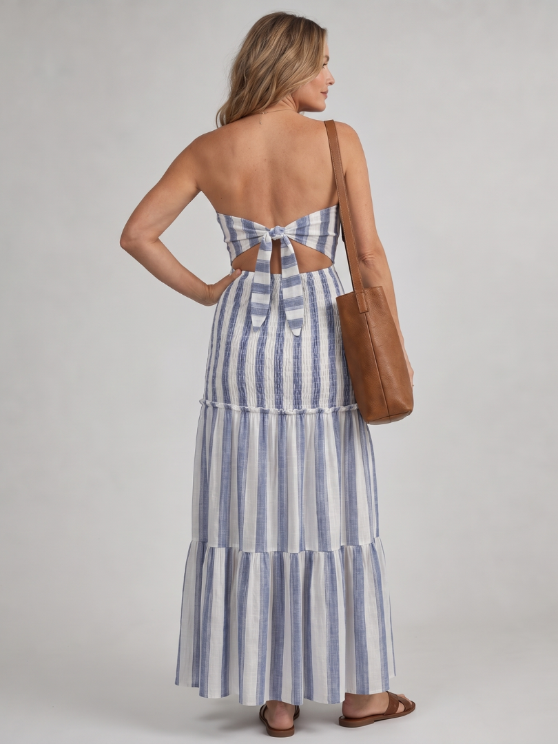 Detail of the Azaria dress tiered striped skirt
