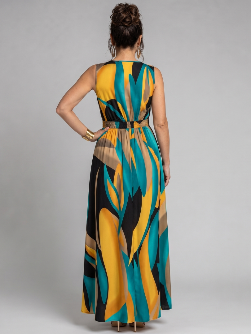 Close-up of deep V neckline and defined empire waist