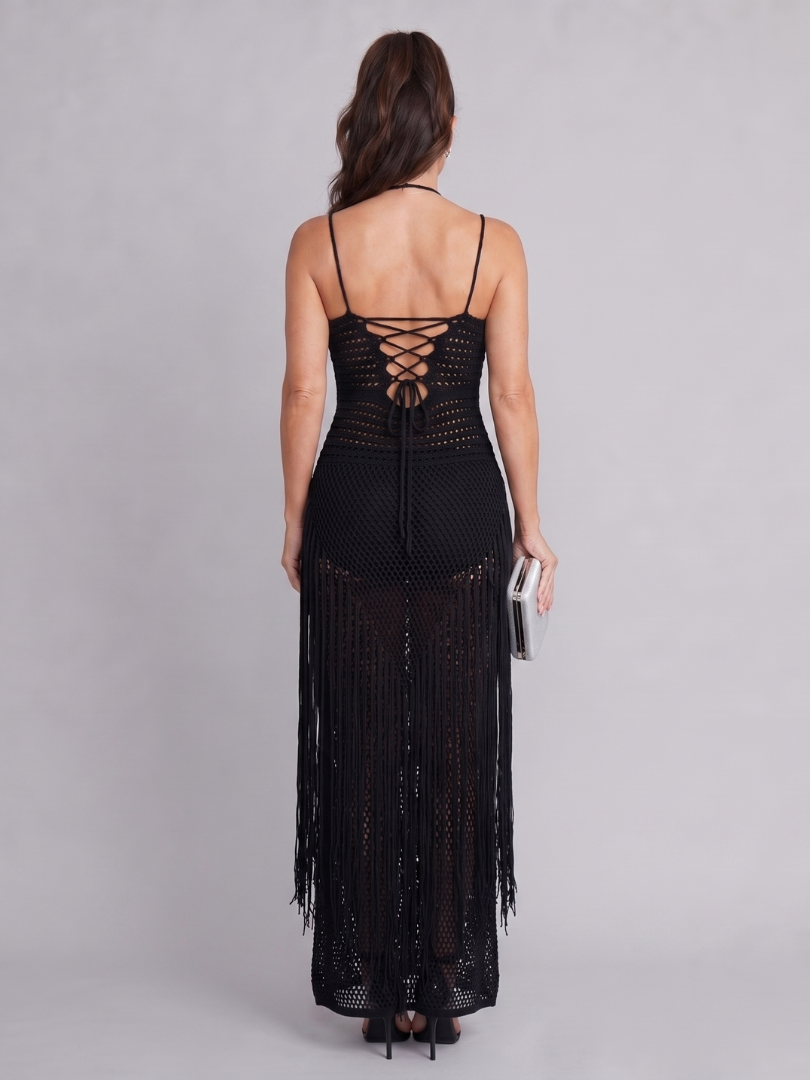 Zephyra crochet maxi dress with fringe details, full-length view