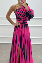 Yona - Elegant Striped Maxi Dress with One Shoulder
