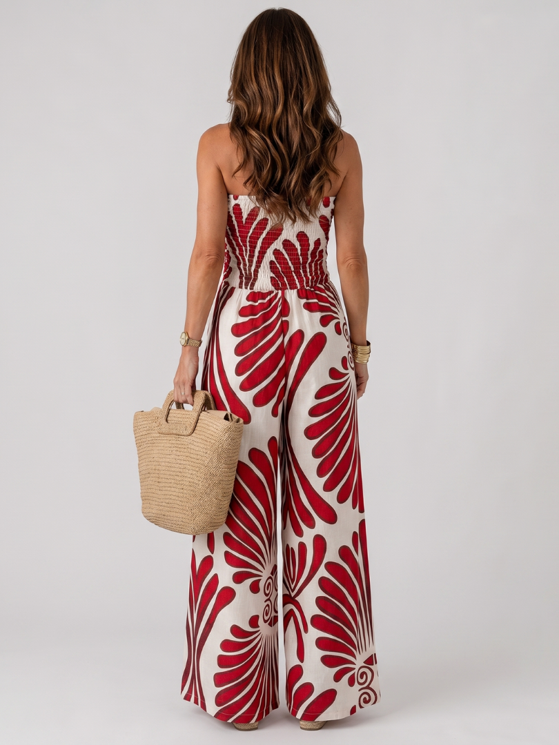 Back view of the Dyman printed wide-leg jumpsuit