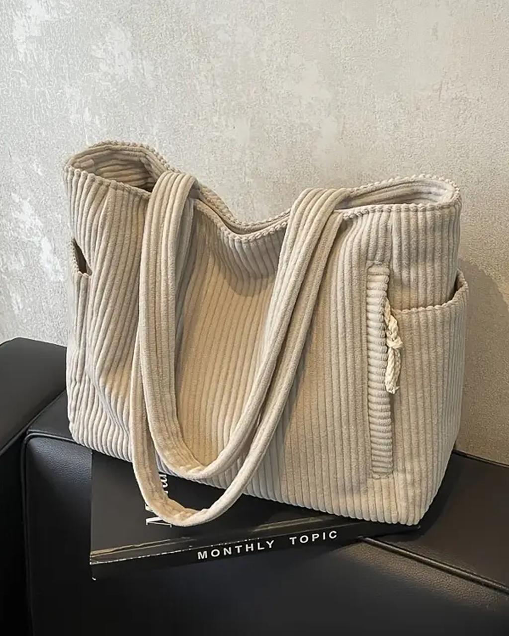 Kimmy - Ribbed Tote Bag with Drawstring Detail