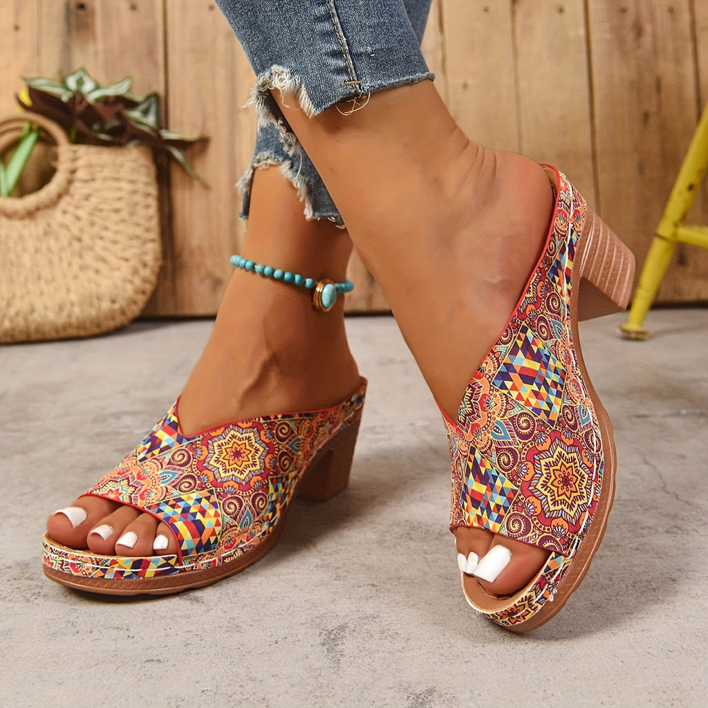Pia - Floral Chunky Heel Sandals