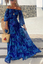 Kristie - Long Dress with Floral Print and Off-the-Shoulder Sleeves