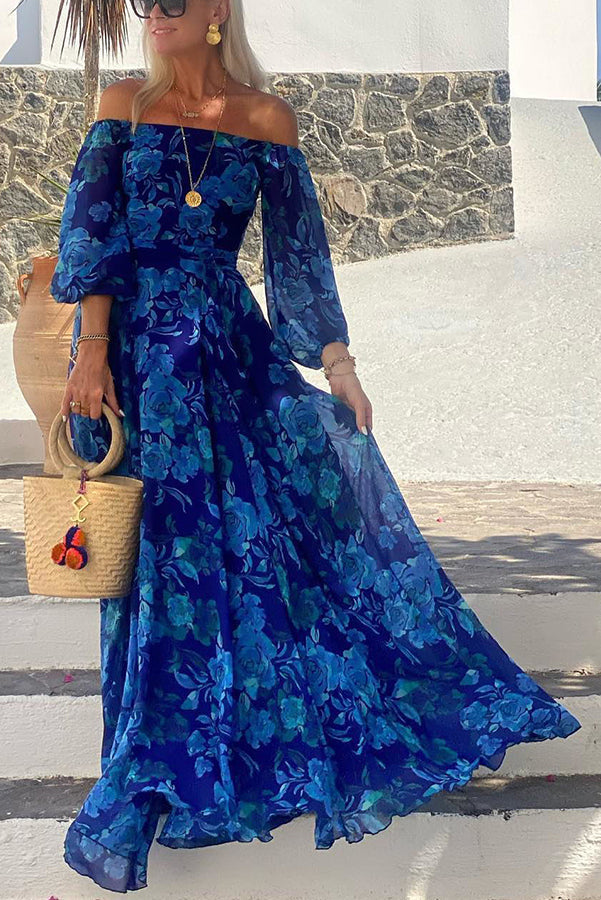Kristie - Long Dress with Floral Print and Off-the-Shoulder Sleeves