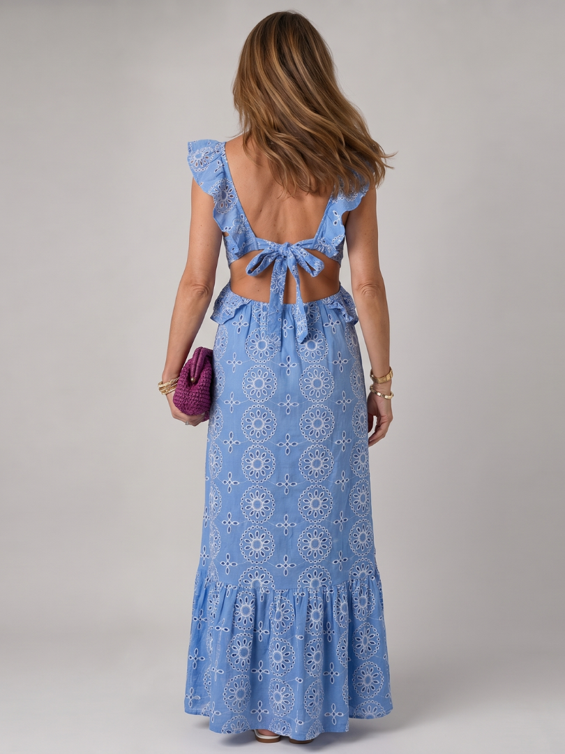 Detail of the Alure dress blue medallion print