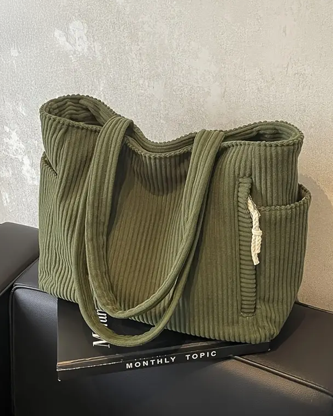 Kimmy - Ribbed Tote Bag with Drawstring Detail