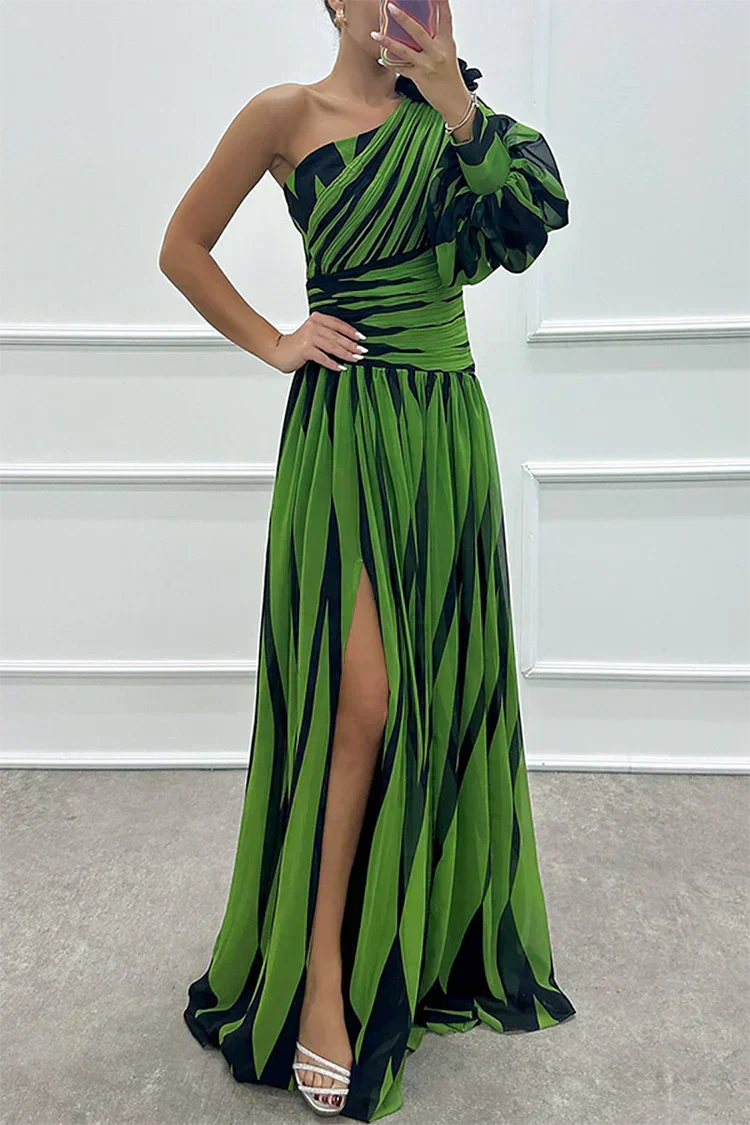 Yona - Elegant Striped Maxi Dress with One Shoulder