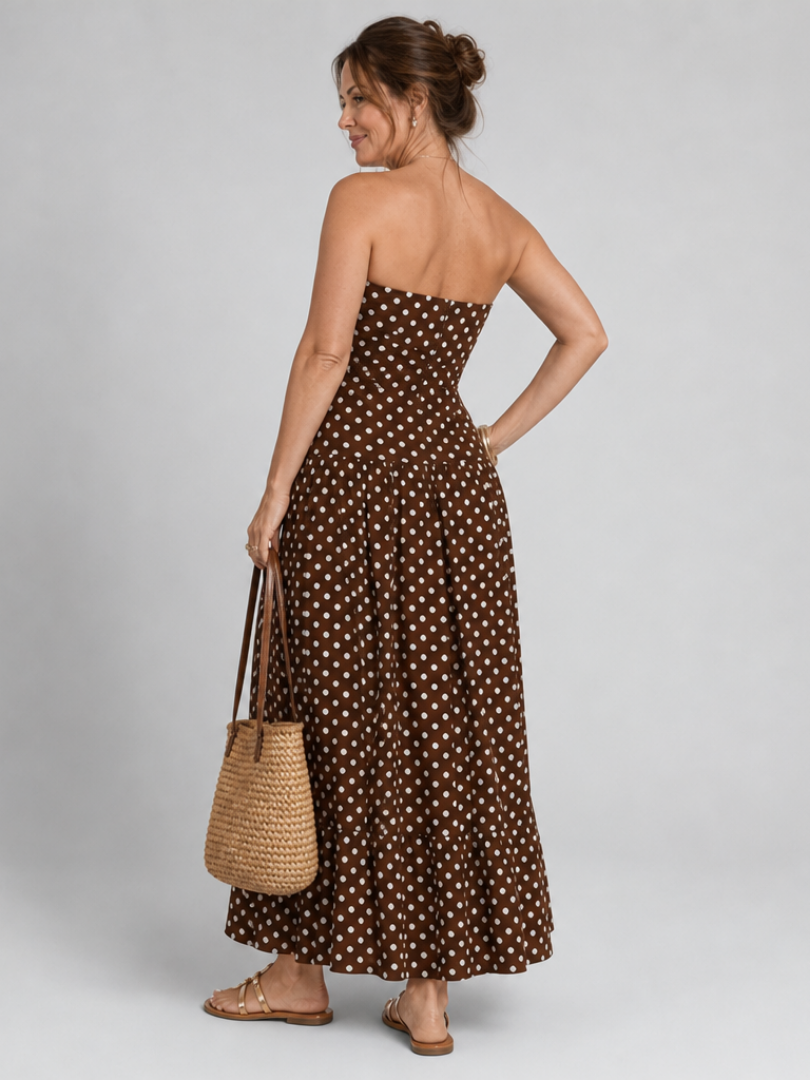 Detail of flowing full skirt with cream dots on brown