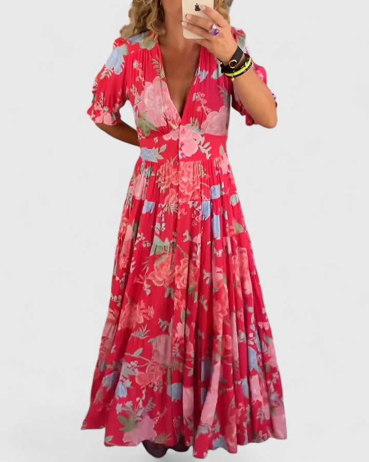 Cherry - Elegant Floral V-Neck Dress