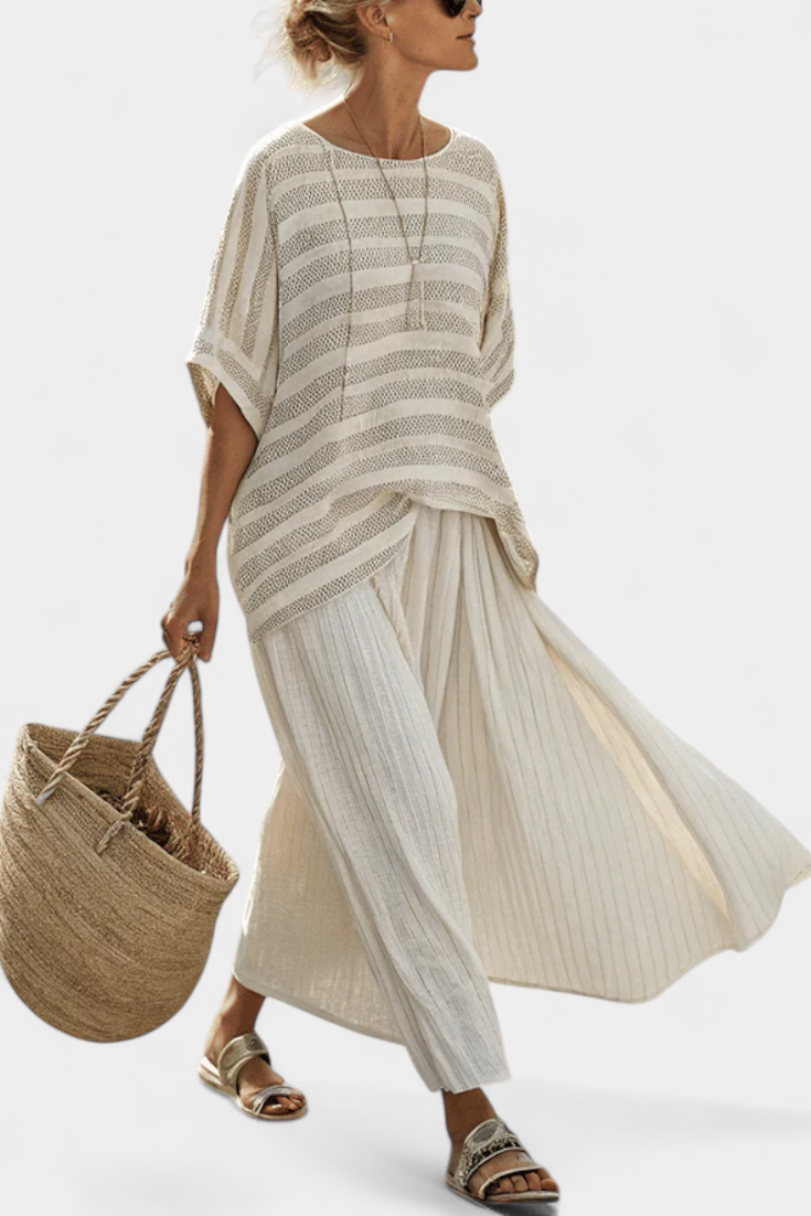 Zia - Natural Bamboo Striped Top and Flowing Linen Pants