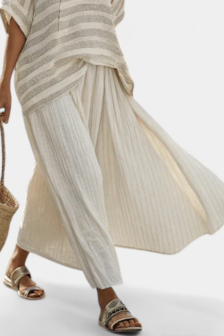Zia - Natural Bamboo Striped Top and Flowing Linen Pants