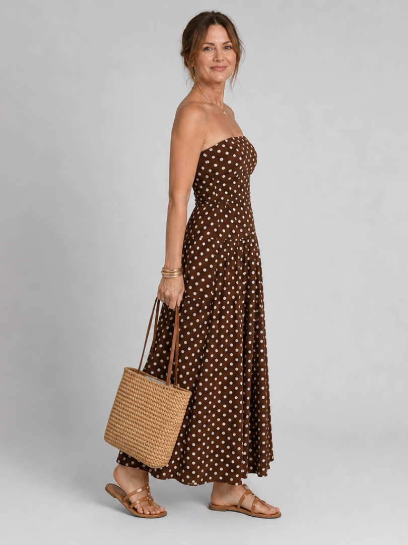 Back view of Sorien polka dot strapless dress