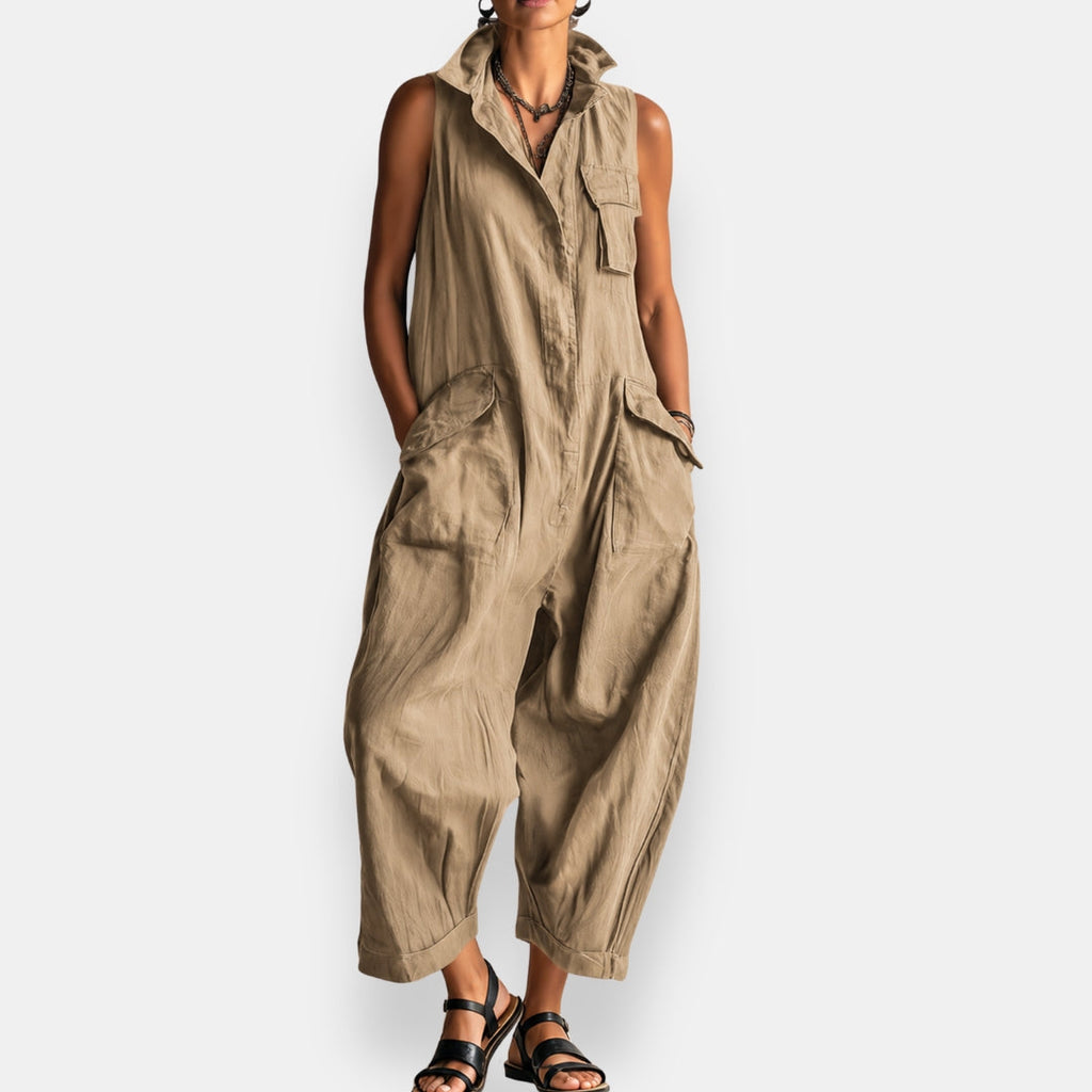 Brooke - Relaxed Sleeveless Utility Jumpsuit in Khaki