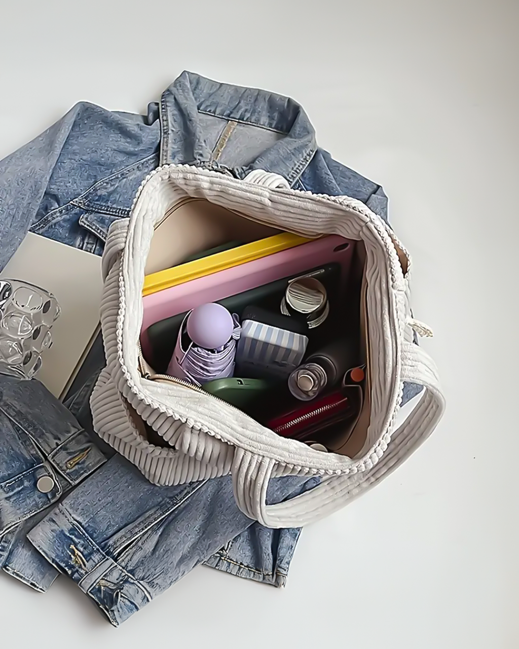 Kimmy - Ribbed Tote Bag with Drawstring Detail