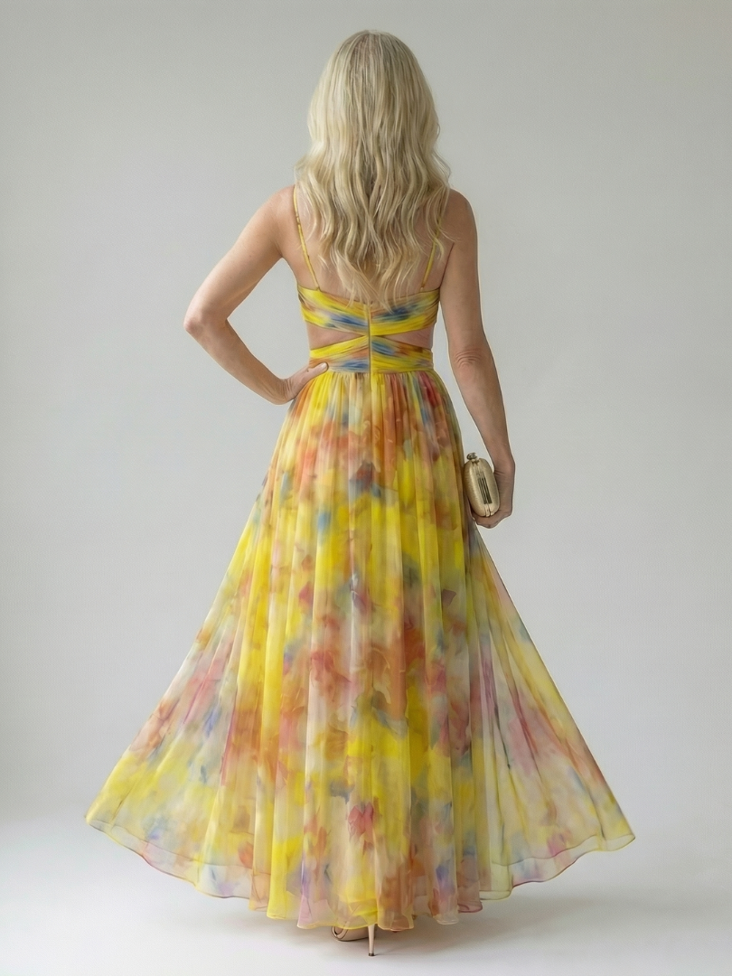 Izel maxi dress in yellow, detail of wrap neckline