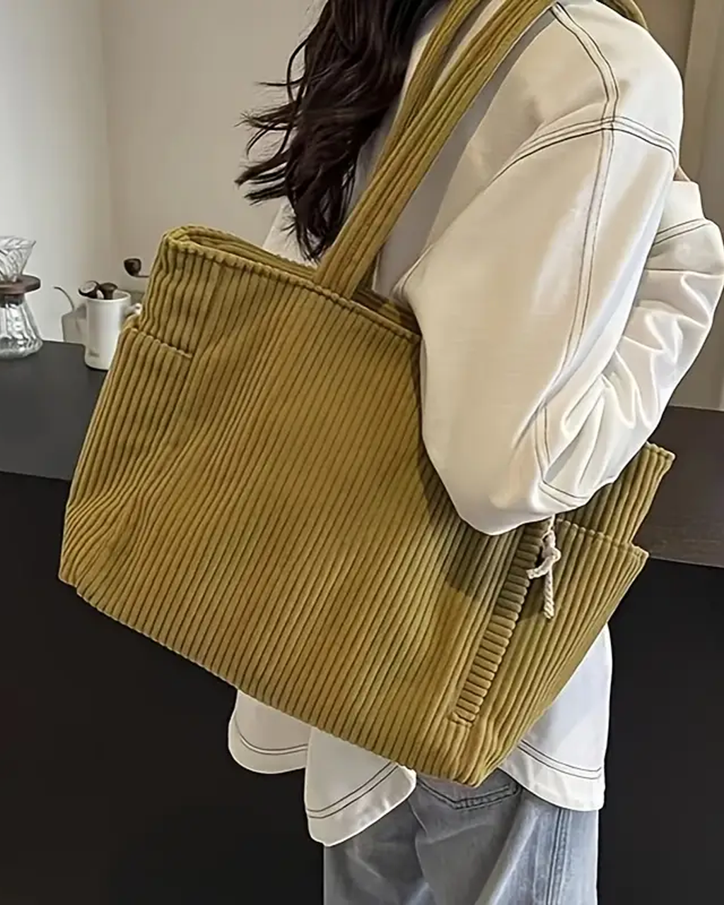 Kimmy - Ribbed Tote Bag with Drawstring Detail