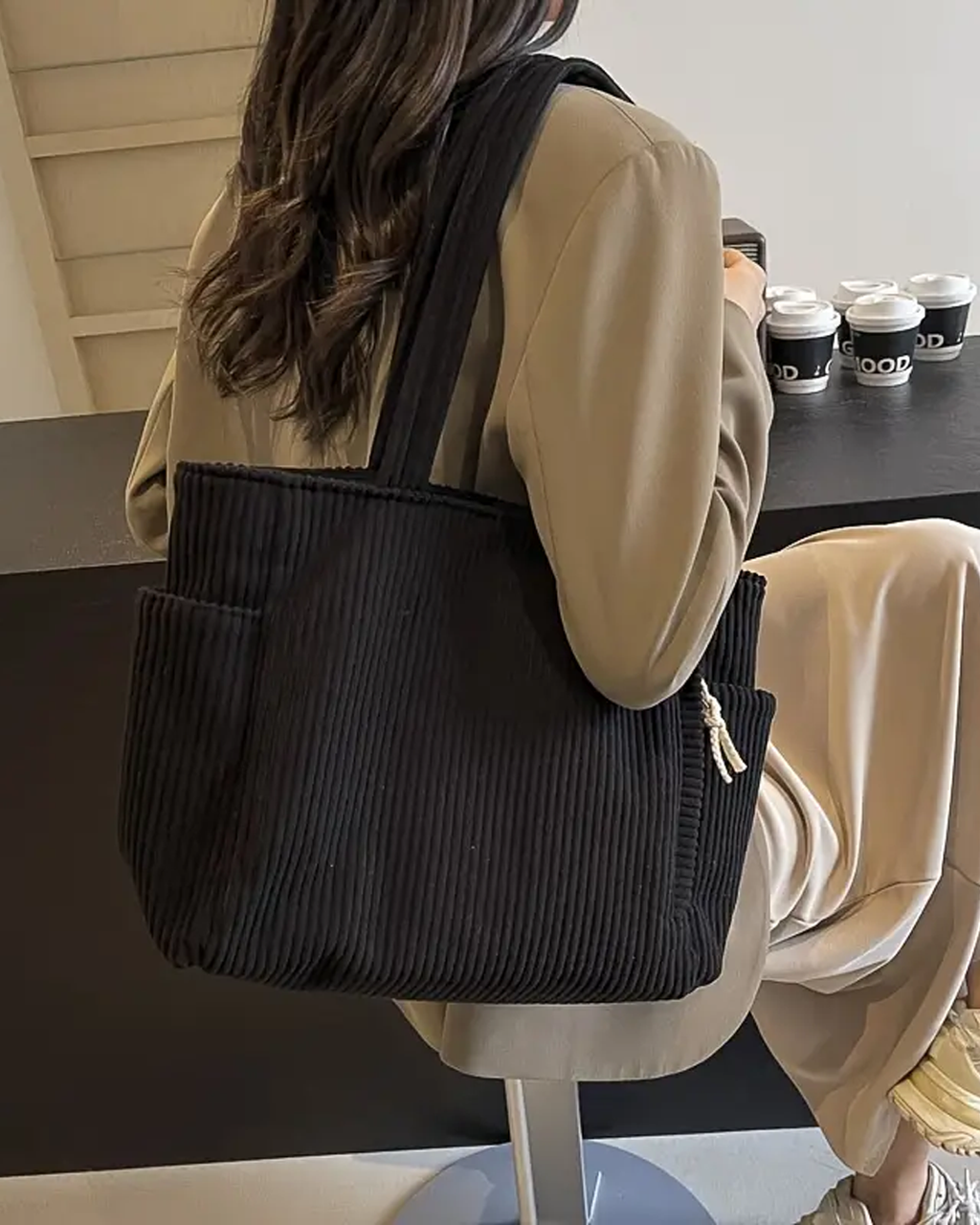 Kimmy - Ribbed Tote Bag with Drawstring Detail