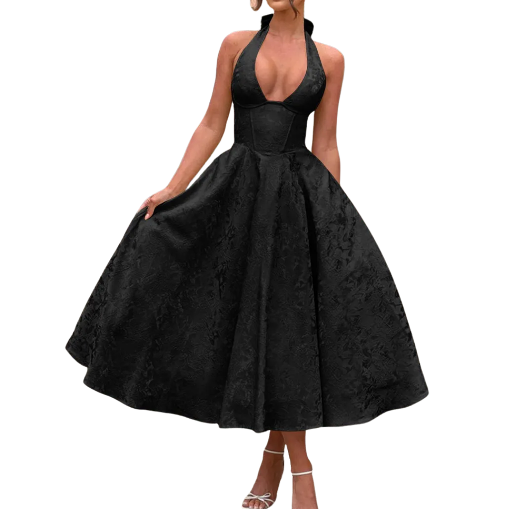 Loraine - Embroidered Halter V-Neck Gown